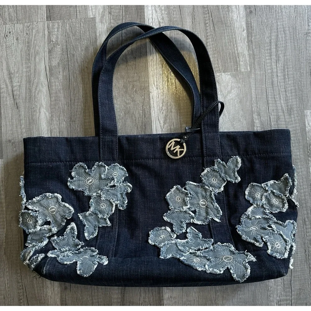 Michael Kors Denim Floral Appliqué Tote Bag Large Blue MK Shoulder Bag***RARE***